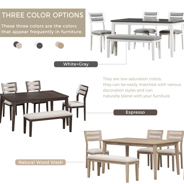 Classic and Traditional Style 6 - Piece Dining Set, Includes Dining Table, 4 Upholstered Chairs & Bench (White+Gray)