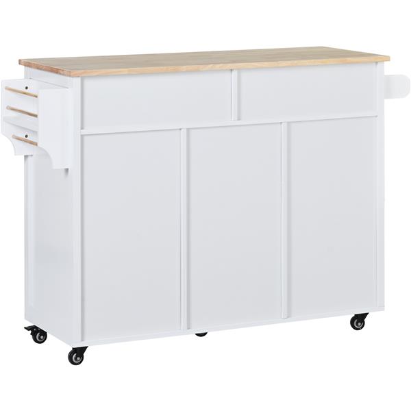 Kitchen Cart with Rubber Wood Countertop , Kitchen Island has 8 Handle-Free Drawers Including a Flatware Organizer and 5 Wheels for Kitchen Dinning Room, White