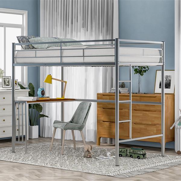 Twin Metal Loft Bed with Desk, Ladder and Guardrails, Loft Bed for Bedroom, Silver