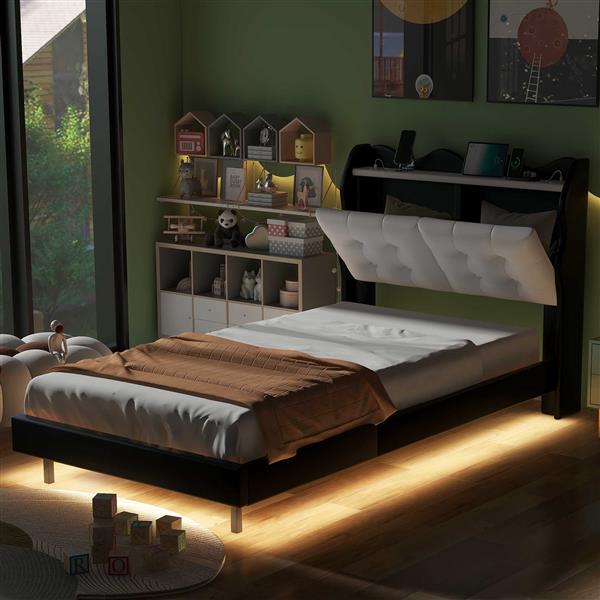 Twin Size Upholstery Platform Bed Frame with LED Light Strips,Headboard Storage Space and Two USB Charging Deisgn,Black