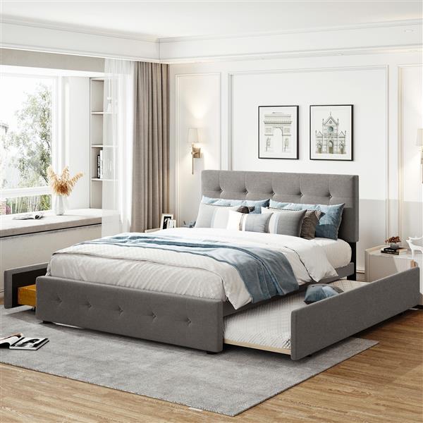 Upholstered Platform Bed with 2 Drawers and 1 Twin XL Trundle,  Linen Fabric, Queen Size - Light Gray