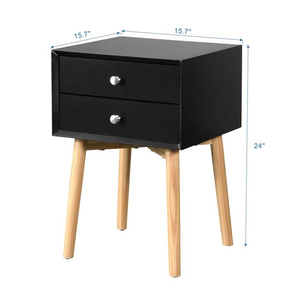 Side Table,Bedside Table with 2 Drawers and Rubber Wood Legs, Mid-Century Modern Storage Cabinet for Bedroom Living Room, Black