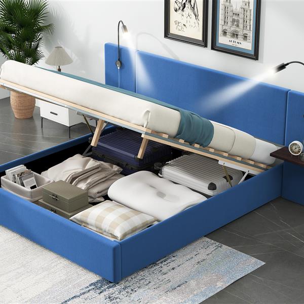 Full Size Storage Upholstered Hydraulic Platform Bed with 2 Shelves, 2 Lights and USB, Blue