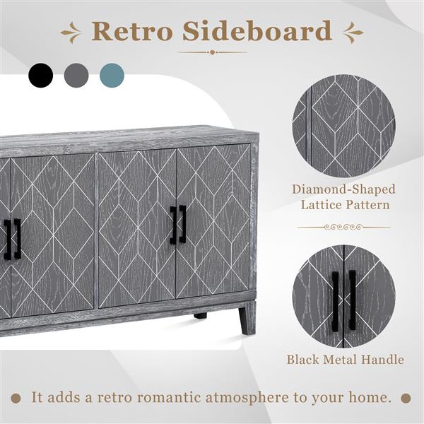 4-door Retro Sideboard with Adjustable Shelves, Two Large Cabinet with Long Handle, for Living Room and Dining Room (Light Gray)