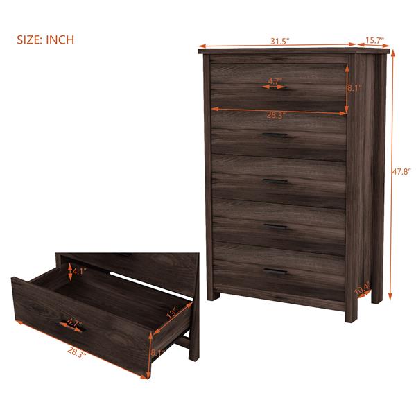 Retro American Country Style Wooden Dresser with 5 Drawer, Storage Cabinet for Bedroom, Dark Walnut