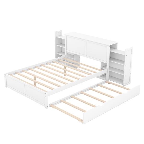 Queen Size Storage Platform Bed with Pull Out Shelves and Twin  XL Size Trundle, White