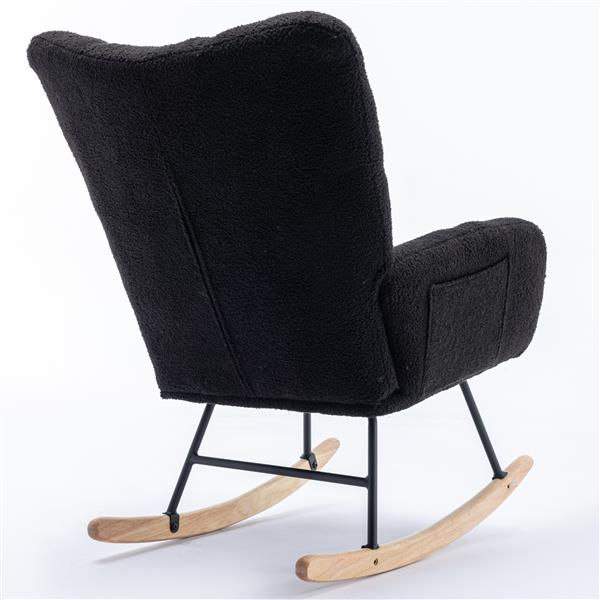 Rocking Chair with Pocket, Soft Teddy Fabric Rocking Chair for Nursery, Comfy Wingback Glider Rocker with Safe Solid Wood Base for Living Room Bedroom Balcony (black)