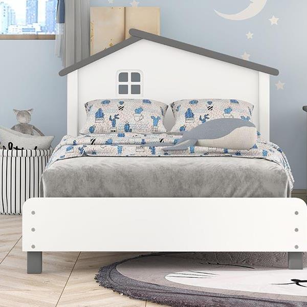 Twin Size Wood Platform Bed with House-shaped Headboard  (White+Gray)