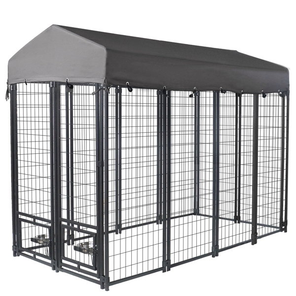 Outdoor Dog Kennel 8' x 6' x 4' with Waterproof Canopy Roof Heavy Duty Metal Dog Cage with Rotating Feeding Door