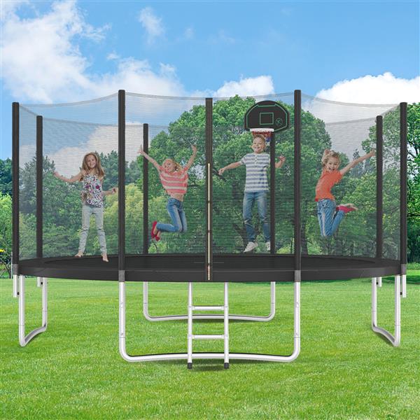 14FT Trampoline for Kids with Safety Enclosure Net, Basketball Hoop and Ladder, Easy Assembly Round Outdoor Recreational Trampoline