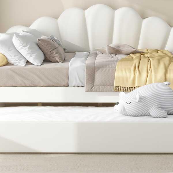 Full Size Upholstery Daybed Frame with Shall Shaped Backrest  and Trundle,White