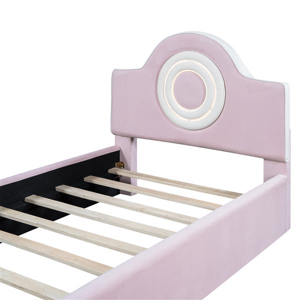 Twin Size Upholstered Platform Bed with LED Headboard, Pink