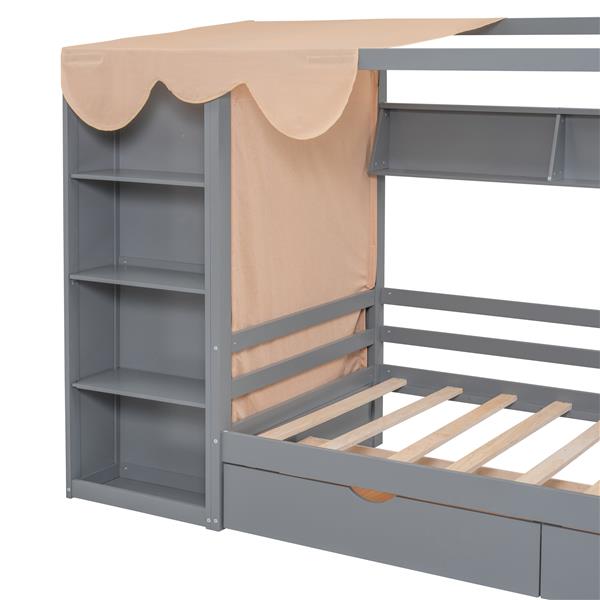 Twin size House Bed with Two Drawers and Wardrobe,Gray