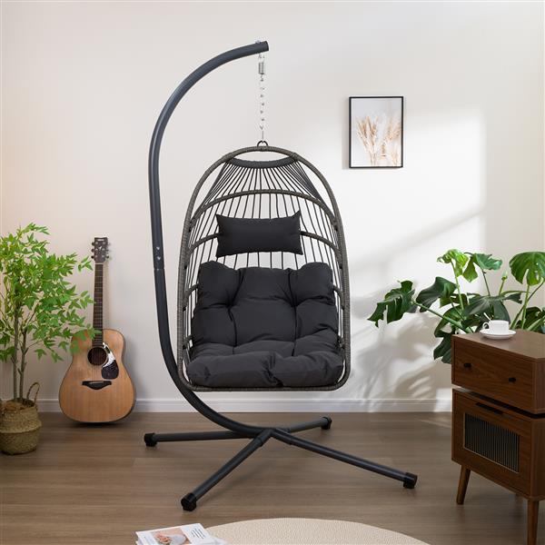 Outdoor Egg Hanging Chair with Stand, Patio Wicker Swing Egg Chair Indoor Swinging Chair Outdoor Hammock Egg Chair