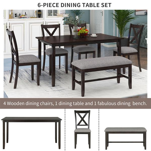 6-Piece Kitchen Dining Table Set Wooden Rectangular Dining Table, 4 Fabric Chairs and Bench Family Furniture (Espresso)