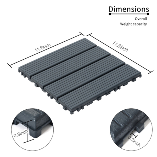 44pcs Straight stripe dark grey 11.8 "x 11.8" (30cmx30cm) interlocking deck plastic tiles, non-slip and waterproof, indoor and outdoor all-day terrace tiles, 3D imitation wood grain, patio, balcony