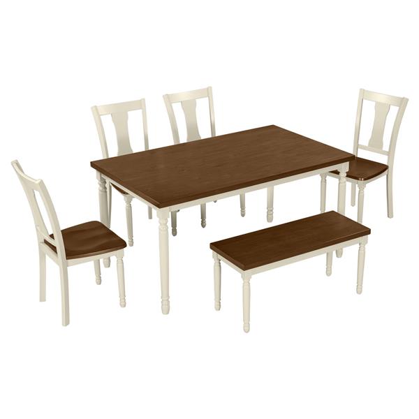 Classic 6-Piece Dining Set Wooden Table and 4 Chairs with Bench for Kitchen Dining Room (Brown+Cottage White)