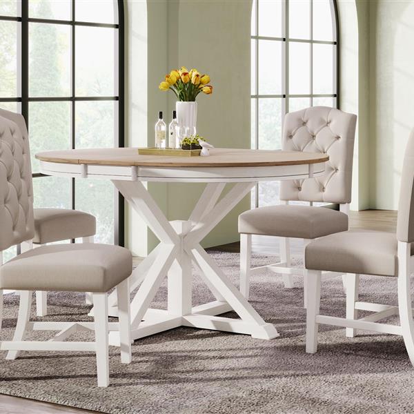 Functional Furniture Retro Style Dining Table Set with Extendable Table and 4 Upholstered Chairs for Dining Room and Living Room (Oak Natural Wood + Off White)