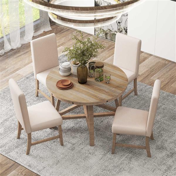 5-Piece Retro Functional Dining Set with Extendable Round Table with Removable Middle Leaf and 4 Upholstered Chairs for Dining Room and Living Room (Natural Wood Wash)