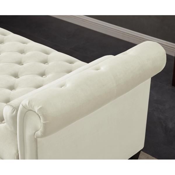 Ivory, Solid Wood Legs Velvet Rectangular Sofa Bench with Attached Cylindrical Pillows