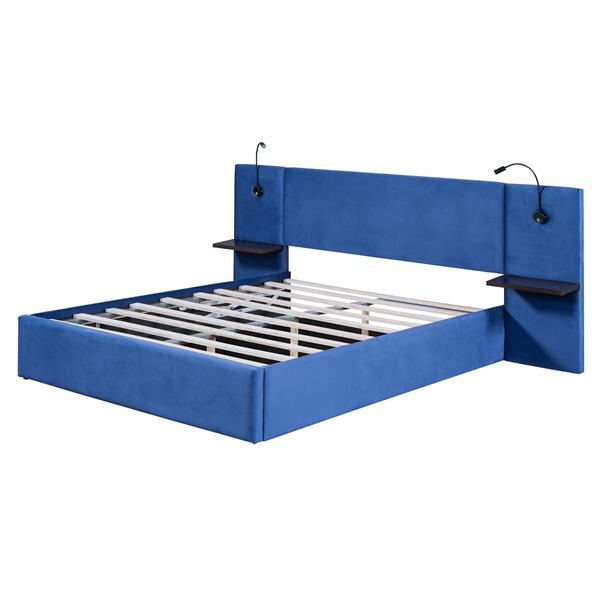 Queen Size Storage Upholstered Hydraulic Platform Bed with 2 Shelves, 2 Lights and USB, Blue