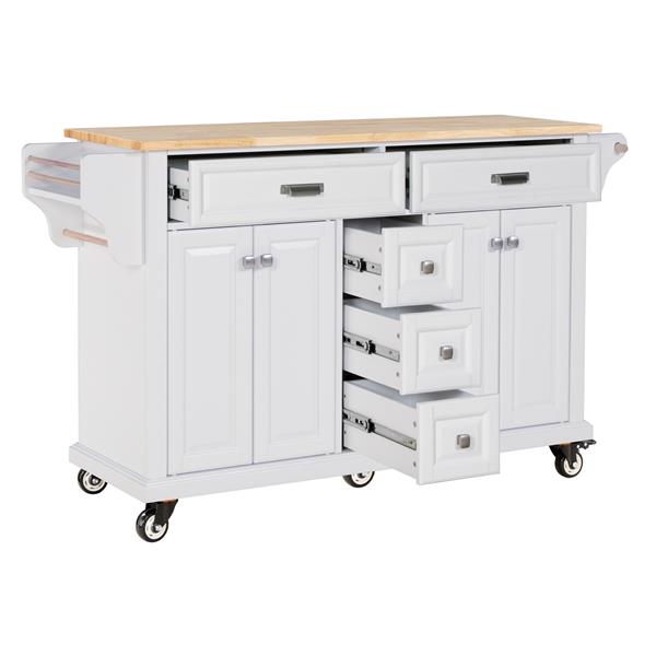 Kitchen Island with Rubber wood Countertop, Kitchen Cart on 5 Wheels with Storage Cabinet and 5 Drawers for Dinning Room, White