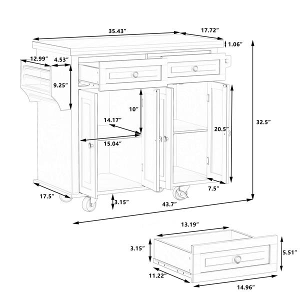 Kitchen Island Cart with Two Storage Cabinets and Two Locking Wheels,43.31 Inch Width,4 Door Cabinet and Two Drawers,Spice Rack, Towel Rack(White)