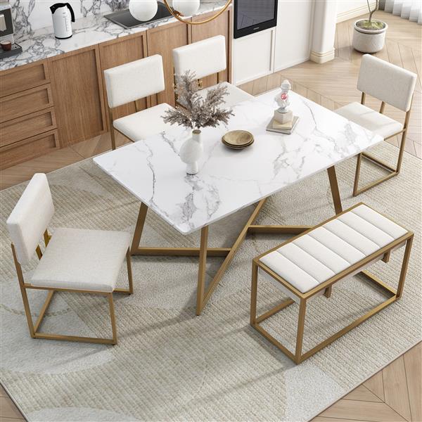 Modern Faux Marble 6-Piece Dining Table Set,60inch Metal Kitchen Table Set with Upholstered Dining Chairs and Bench, Golden