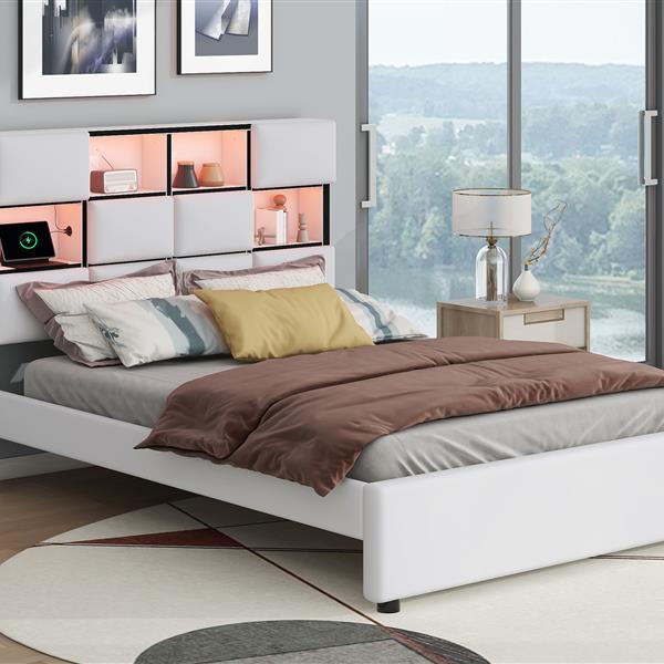 Full Size Upholstered Platform Bed with LED, Storage and USB, Beige