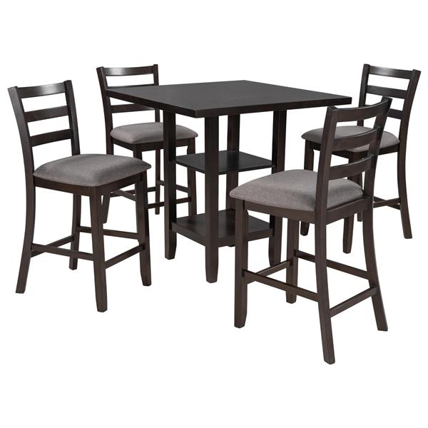 5-Piece Wooden Counter Height Dining Set with Padded Chairs and Storage Shelving (Espresso)