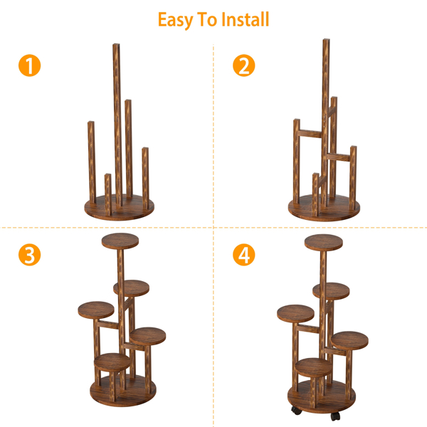 5 Tier Plant Stand with 4 Detachable Wheels Wooden Plant Pot Rolling Shelf Plant Display Rack for Indoor Outdoor Decoration