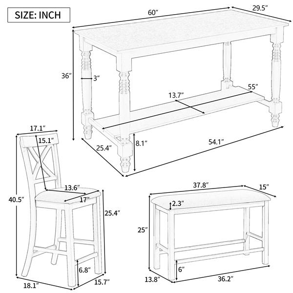 6-Piece Counter Height Dining Table Set Table with Shelf 4 Chairs and Bench for Dining Room (Espresso)