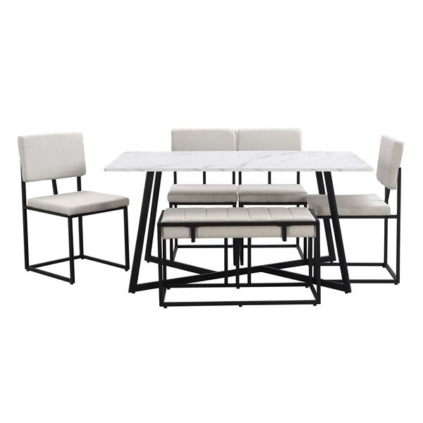 Modern Faux Marble 6-Piece Dining Table Set,60inch Metal Kitchen Table Set with Upholstered Dining Chairs and Bench, Black