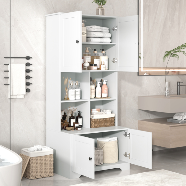 Tall and Wide Bathroom Floor Storage Cabinet, Bathroom Storage Unit, Freestanding Cabinet with 4 Doors, Adjustable Shelves, Open multi-layer Shelves, White 