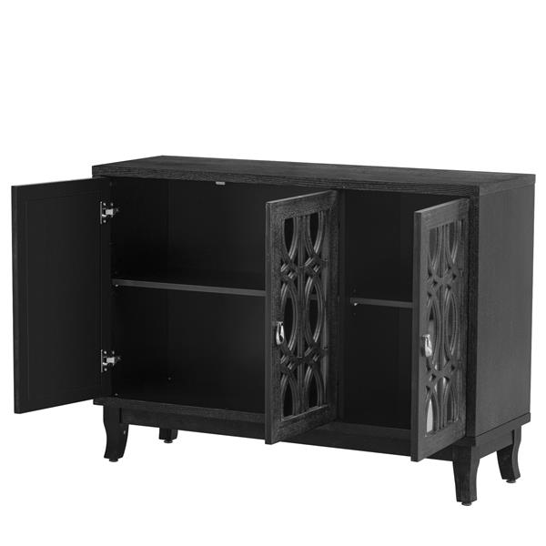 Sideboard with Glass Doors, 3 Door Mirrored Buffet Cabinet with Silver Handle for Living Room, Hallway, Dining Room (Black)