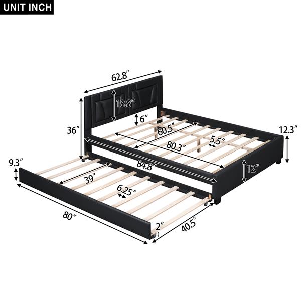 Queen Size Upholstered Platform Bed with Headboard and Twin Size Trundle, Black