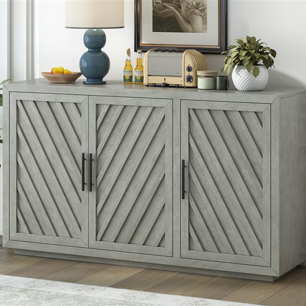 3-Door Large Storage Retro Sideboard with Adjustable Shelves and Black Handles for Kitchen, Dining Room and Living Room (Antique Gray)