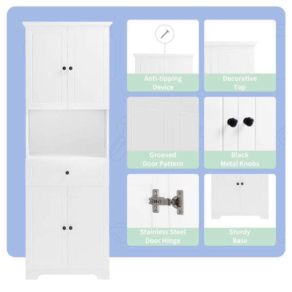 Tall Bathroom Cabinet with Four Doors, Large Storage Space Open Shelve, Upper Storage Cabinet, White 