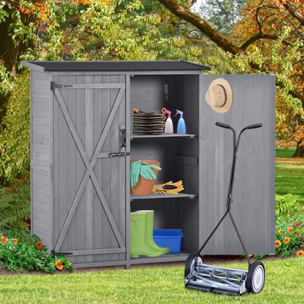 Outdoor 5.3ft Hx4.6ft L Wood Storage Shed Tool Organizer,Garden Shed, Storage Cabinet with Waterproof Asphalt Roof, Double Lockable Doors, 3-tier Shelves for Backyard, Gray