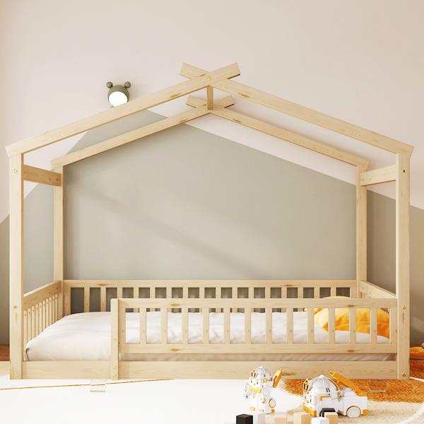 Full Size Wood Bed House Bed Frame with Fence, for Kids, Teens, Girls, Boys,Natural