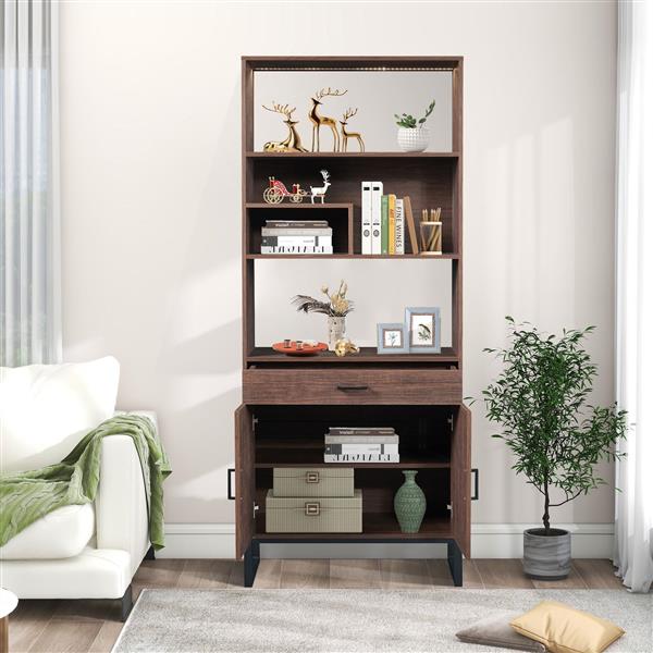 75.9"Modern Open Bookshelf with Doors, Bookcase with Storage drawer and LED Strip Lights,Free Standing Display Rack,Wooden Tall Bookshelf for Living Room and Office, Walnut