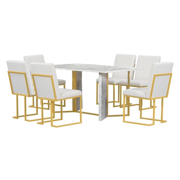 7-Piece Modern Dining Table Set, Artificial Marble Sticker Tabletop and 6 Upholstered Linen Chair All with lden Steel Legs for Dining Room and Kitchen (White + ld)