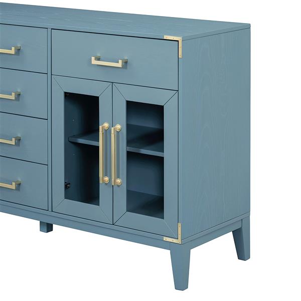 6-drawer and 2-Cabinet Retro Sideboard with Extra Large Storage Space, with ld Handles and Solid Wood Legs, for Kitchen and Living Room (Antique Blue)