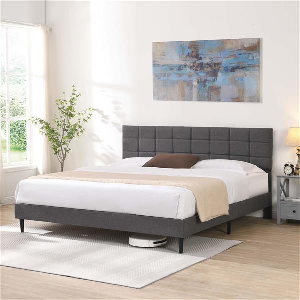 King Size Platform Bed Frame with Fabric Upholstered Headboard and Wooden Slats, No Box Spring Needed/Easy Assembly, Dark Grey