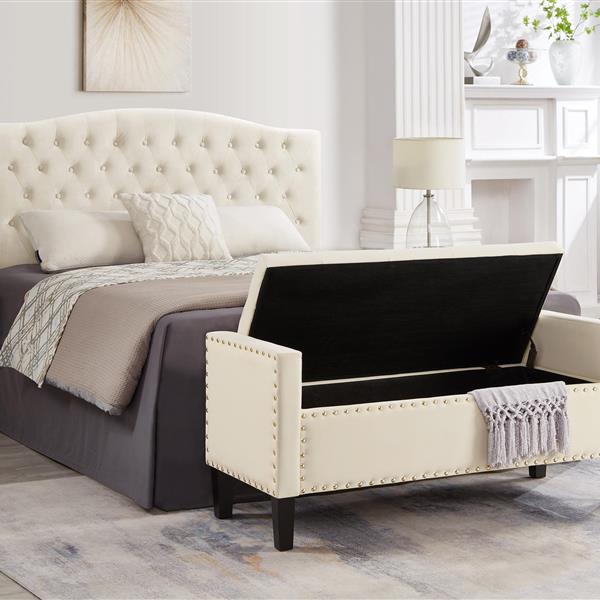 Upholstered Tufted Button Storage Bench with nails trim,Entryway Living Room Soft Padded Seat with Armrest,Bed Bench - Cream