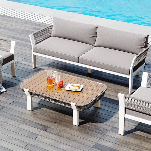 4-Piece Outdoor Patio Conversation Set with Coffee Table and Soft Waterproof Cushions for Garden, Poolside and Backyard(Brown Rope+Brown Gray Cushion)