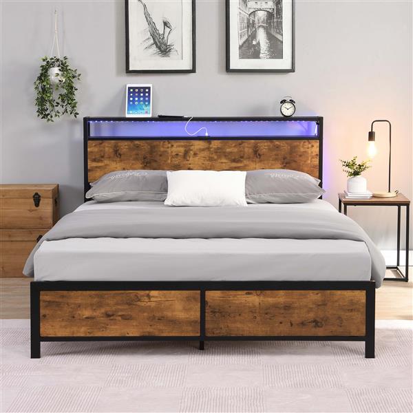 Industrial Queen Bed Frame with LED Lights and 2 USB Ports, Bed Frame Queen Size with Storage, Noise Free, No Box Spring Needed, Rustic Brown