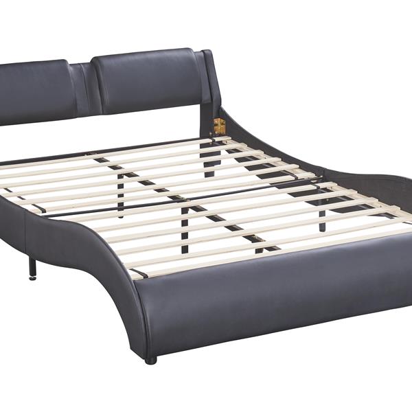 Queen Size Upholstered Faux Leather Platform Bed with LED Light Bed Frame with Slatted - Black