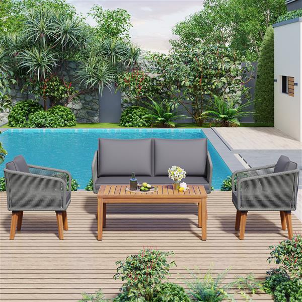 4-Piece Patio Conversation Set, Solid Wood Loveseat, 2 Chairs and Table, Outdoor Conversation Group with Cushions for Backyard, Poolside, Garden (Dark Grey Cushion + Grey Rope)