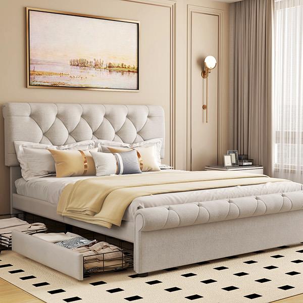 Full size Upholstered Platform bed with Four Drawers, Antique Curved Headboard, Linen Fabric, Beige (without mattress)